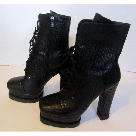 Azalea Wang Dolls Kill Ankle Boots NWOB Black Vegan Crocodile Heels Size 11 - Picture 6 of 9
